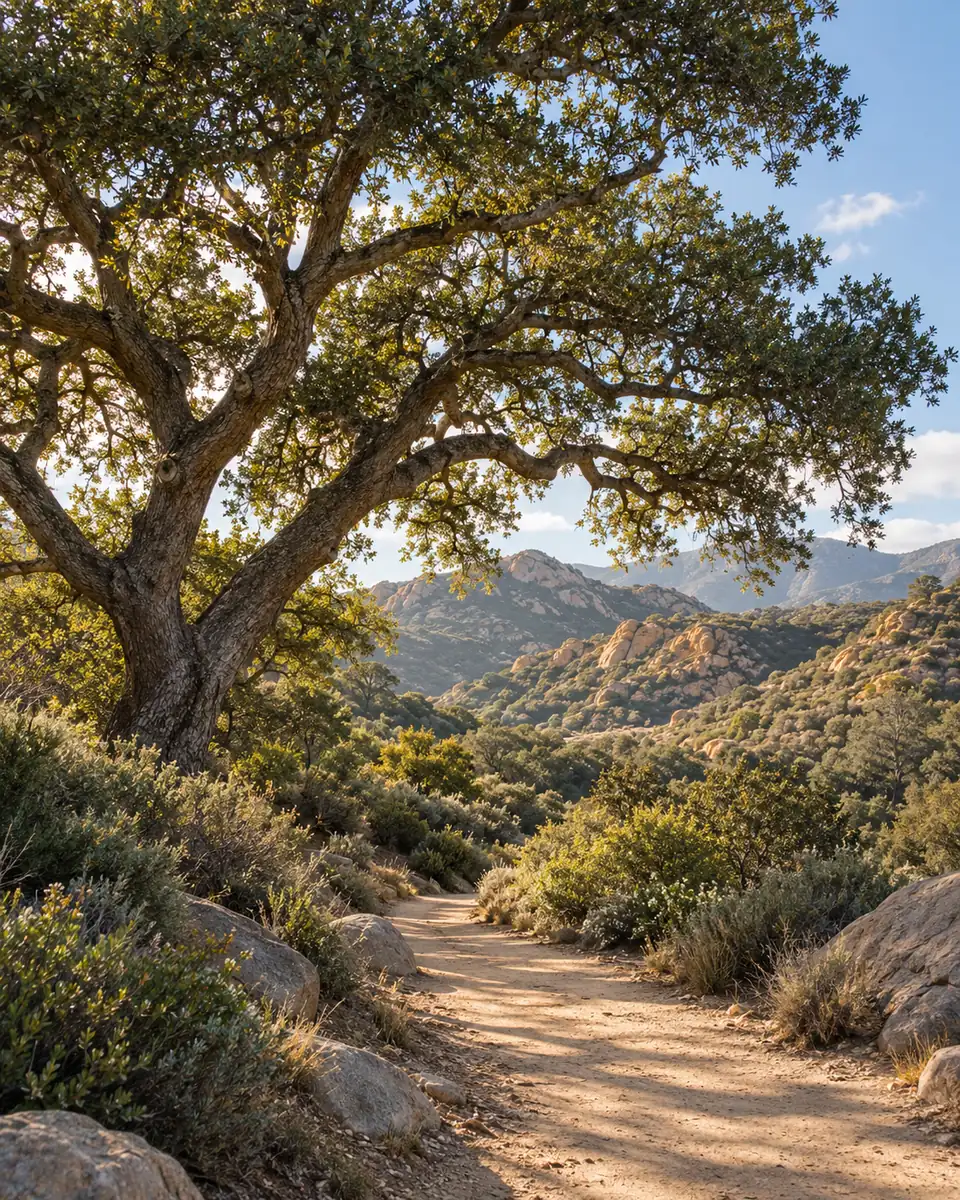 A mature live oak shades a sandy trail above sunlit canyon foothills.