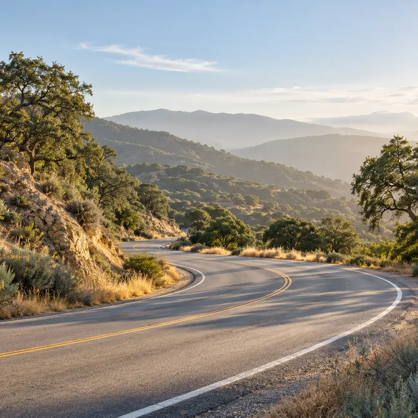 A quiet winding road passes through oak-covered foothills in warm morning light.