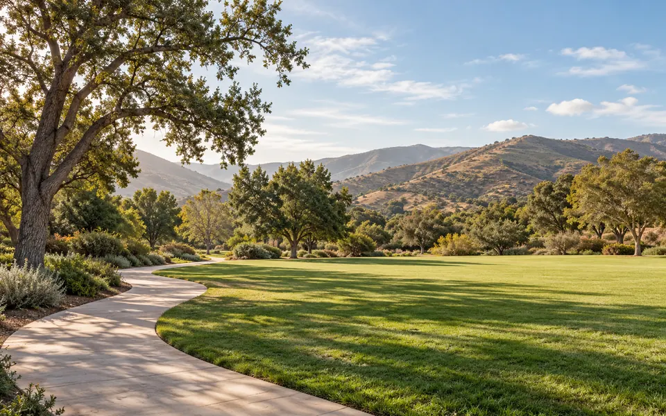 An open green park with a curving walking path, shade trees and low hills beyond.