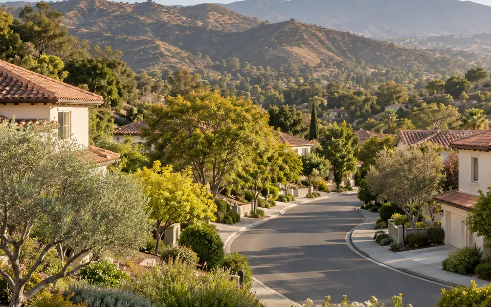 A peaceful residential street with shade trees and tile-roofed homes below rolling foothills.