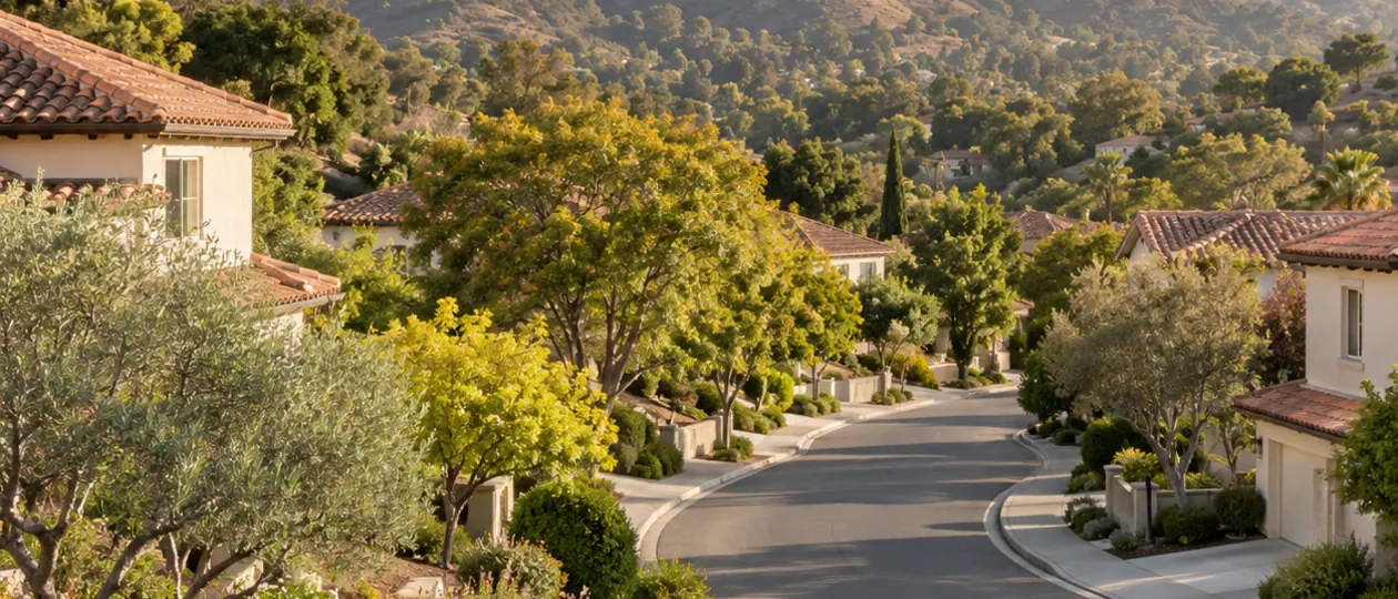 A peaceful residential street with shade trees and tile-roofed homes below rolling foothills.