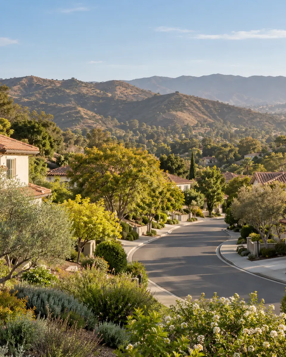 A peaceful residential street with shade trees and tile-roofed homes below rolling foothills.