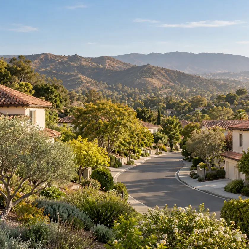 A peaceful residential street with shade trees and tile-roofed homes below rolling foothills.