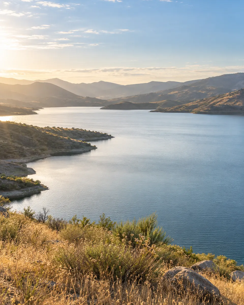 Soft morning light reflects on a blue reservoir surrounded by golden foothills.