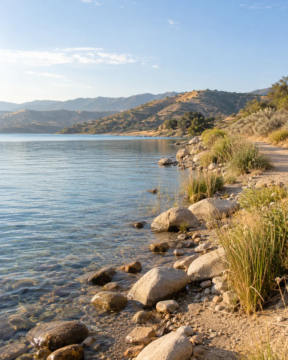 A quiet lakeside trail follows clear water, rounded shoreline stones and golden hills.