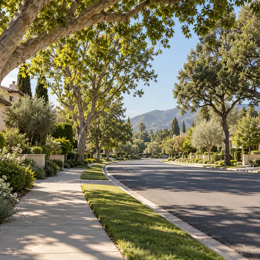 Morning light filters through a leafy canopy along a quiet residential boulevard.