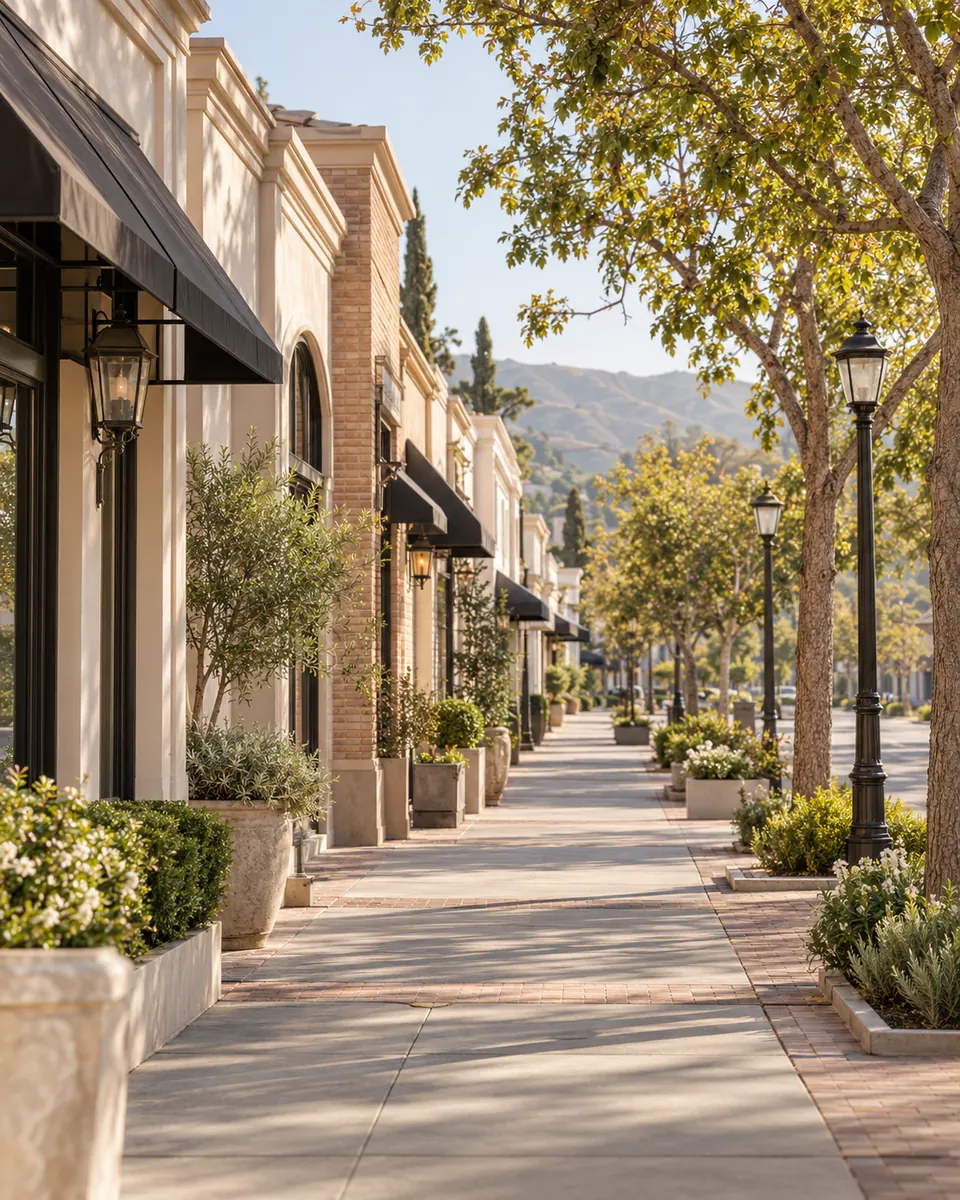 A sunlit sidewalk passes low-rise storefronts, planted terraces and leafy street trees.