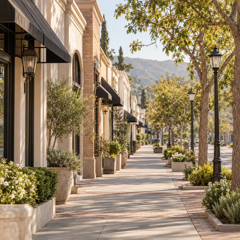 A sunlit sidewalk passes low-rise storefronts, planted terraces and leafy street trees.