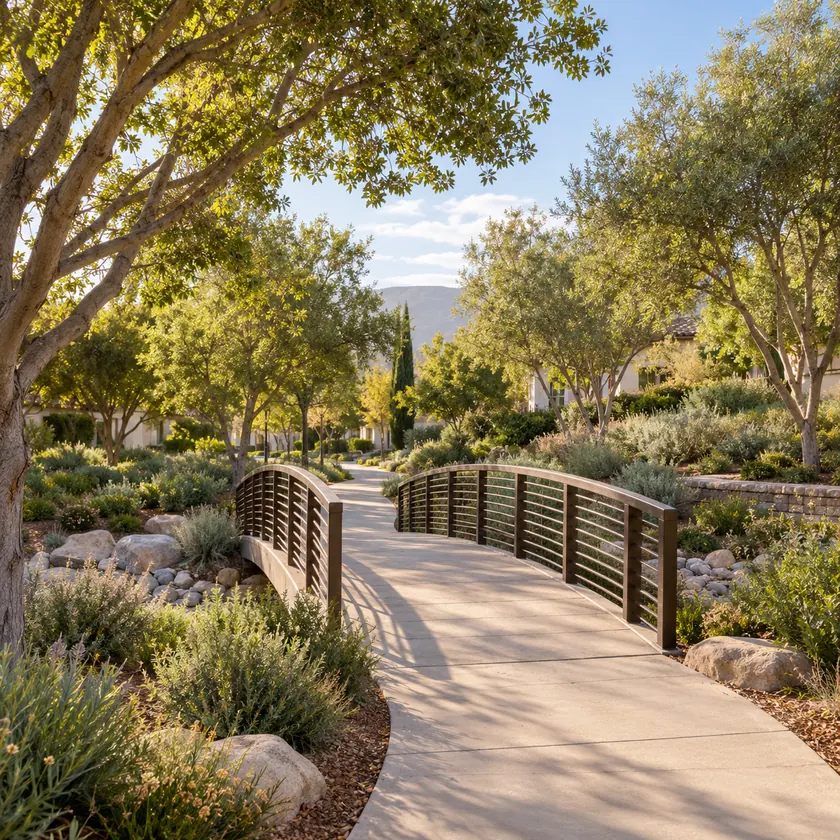 A small pedestrian bridge connects a landscaped walking path beneath shade trees.