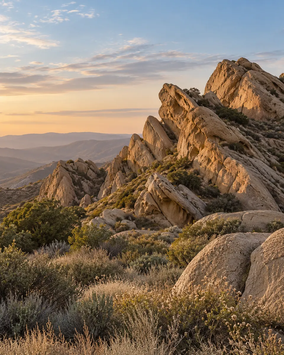 Warm evening light falls across sandstone outcrops and native canyon plants.