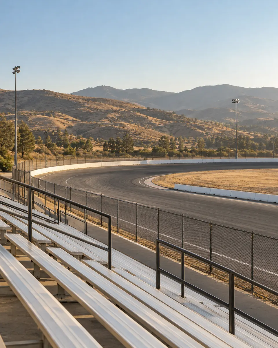 Empty metal grandstands overlook a quiet oval racetrack backed by sunlit foothills.