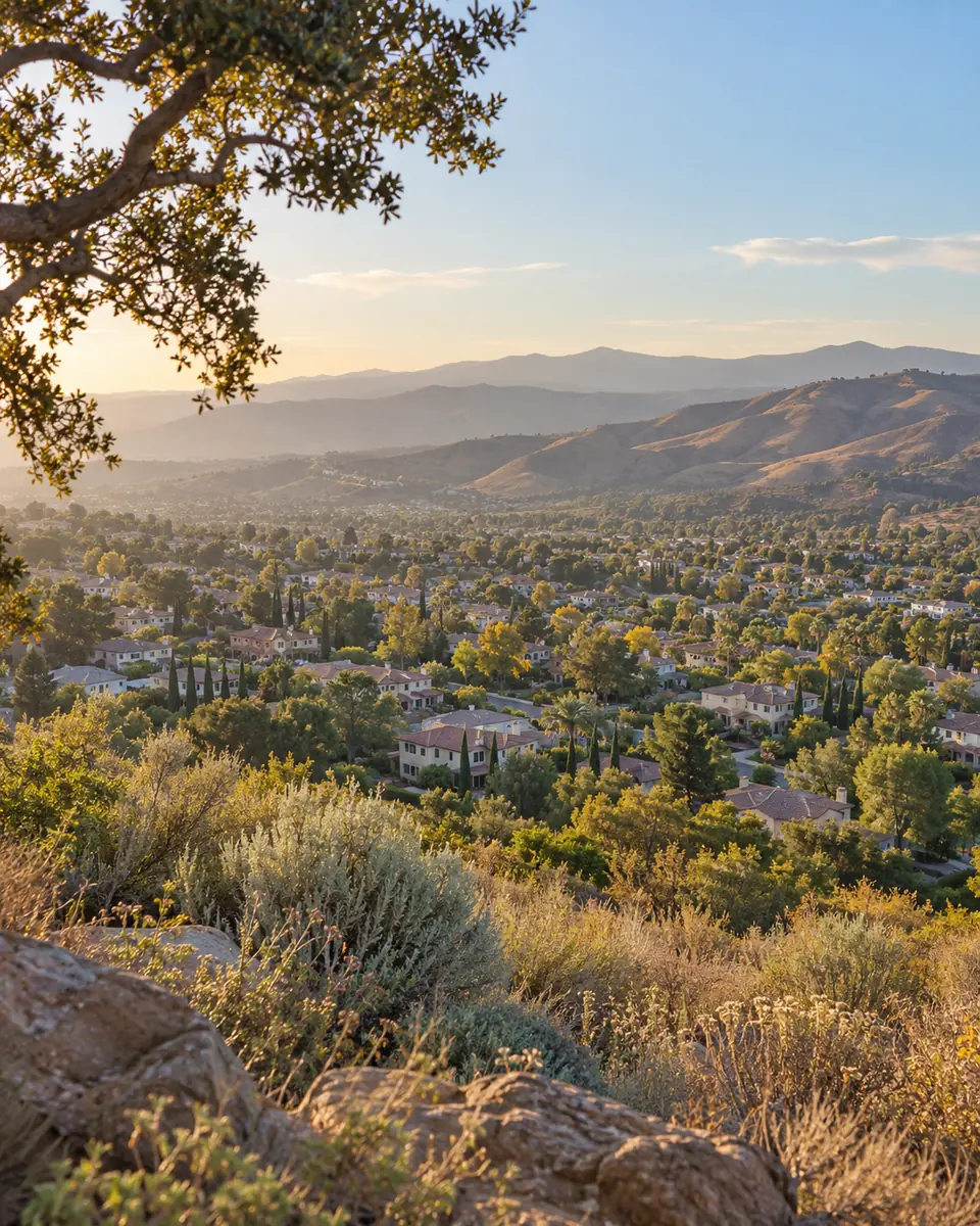 A hillside view looks across leafy neighborhoods toward layered foothill ridges.