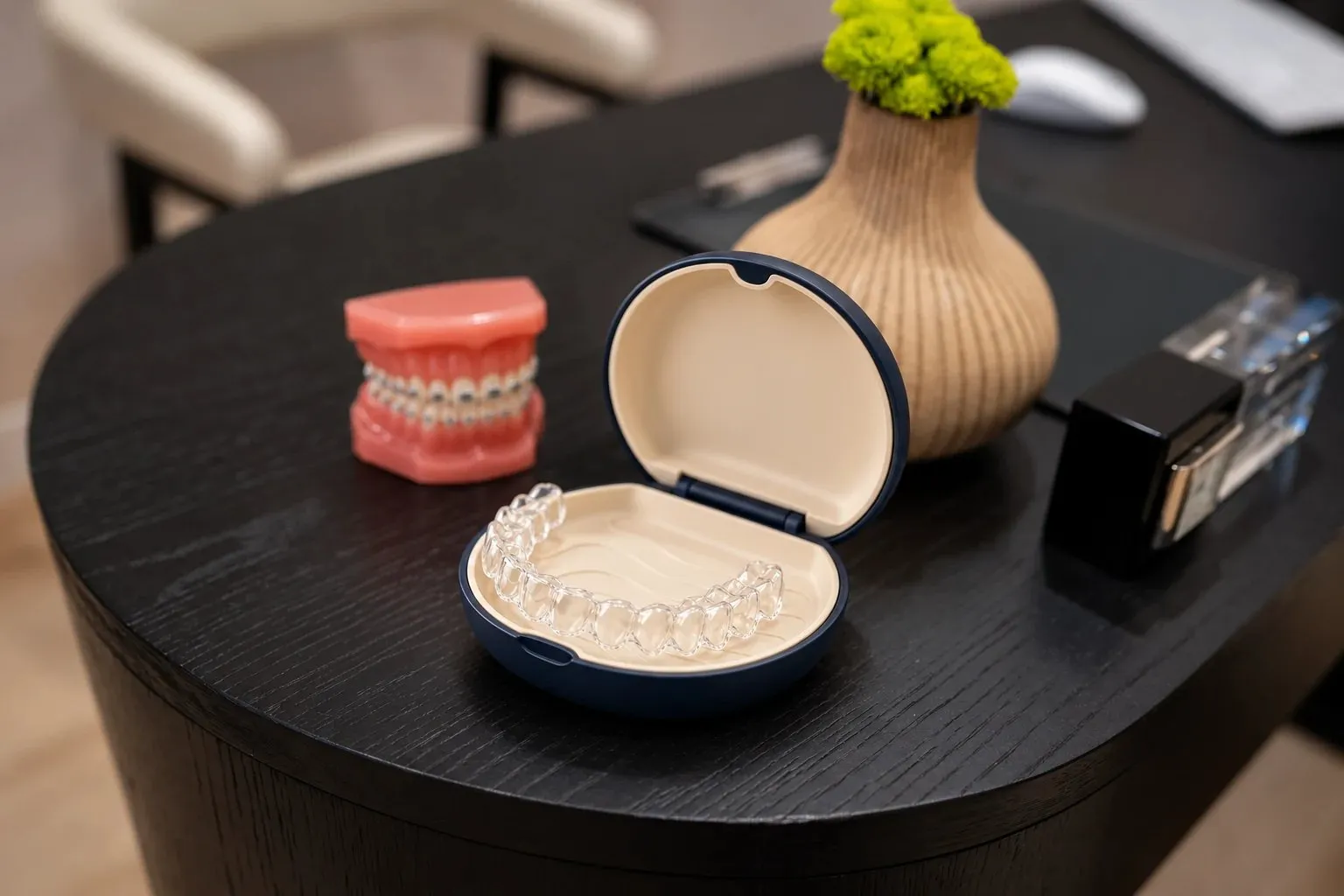 A clear aligner in its case on the consultation table at SC Orthodontics