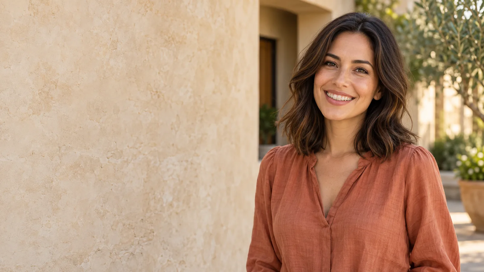 An adult smiling with tooth-colored ceramic braces in a sunlit setting.