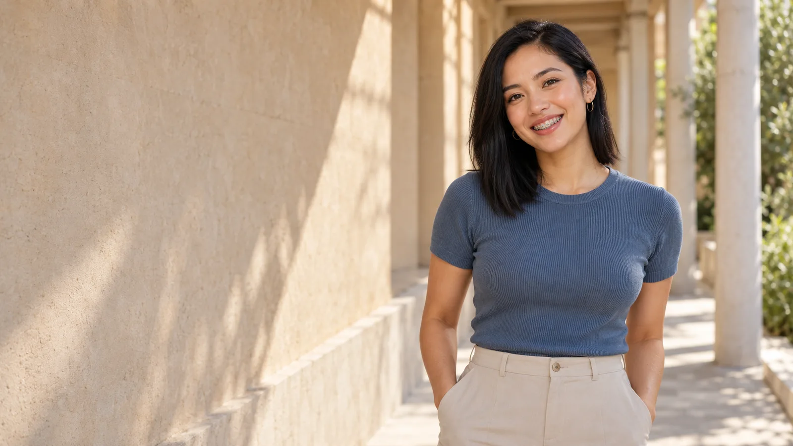 An illustrative portrait of an adult smiling with fixed metal braces.