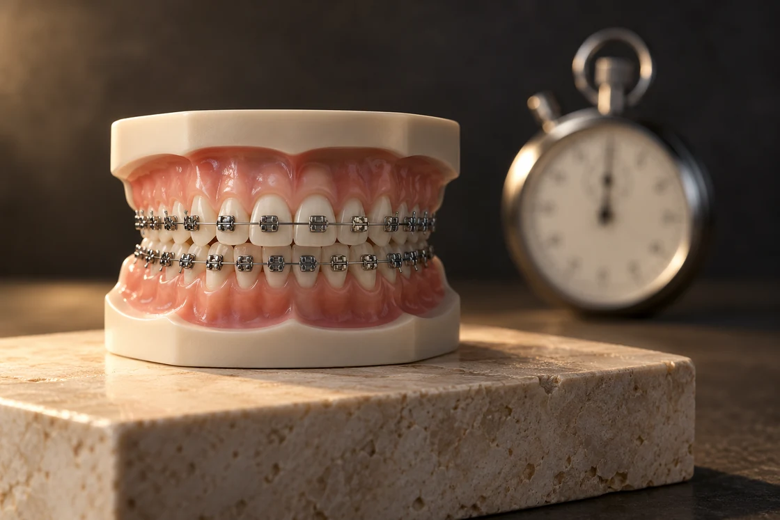 A dental teaching model with braces on a stone plinth beside a blurred stopwatch.