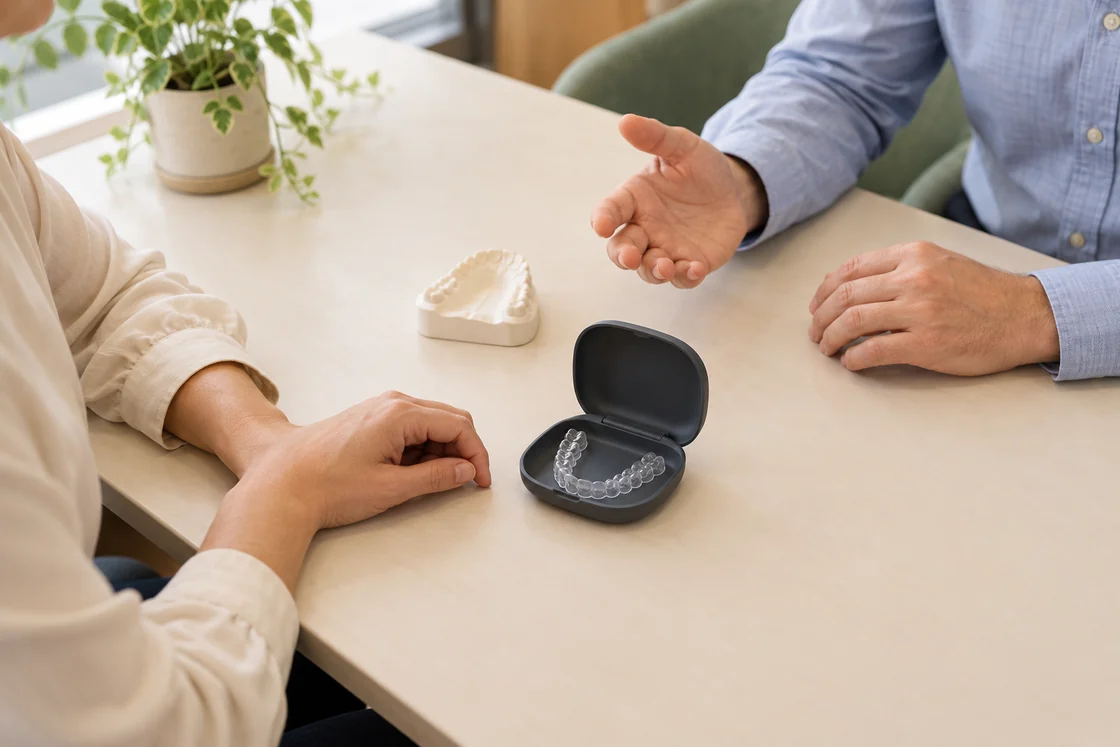 An open clear-aligner case and tooth model on a table during a consultation.