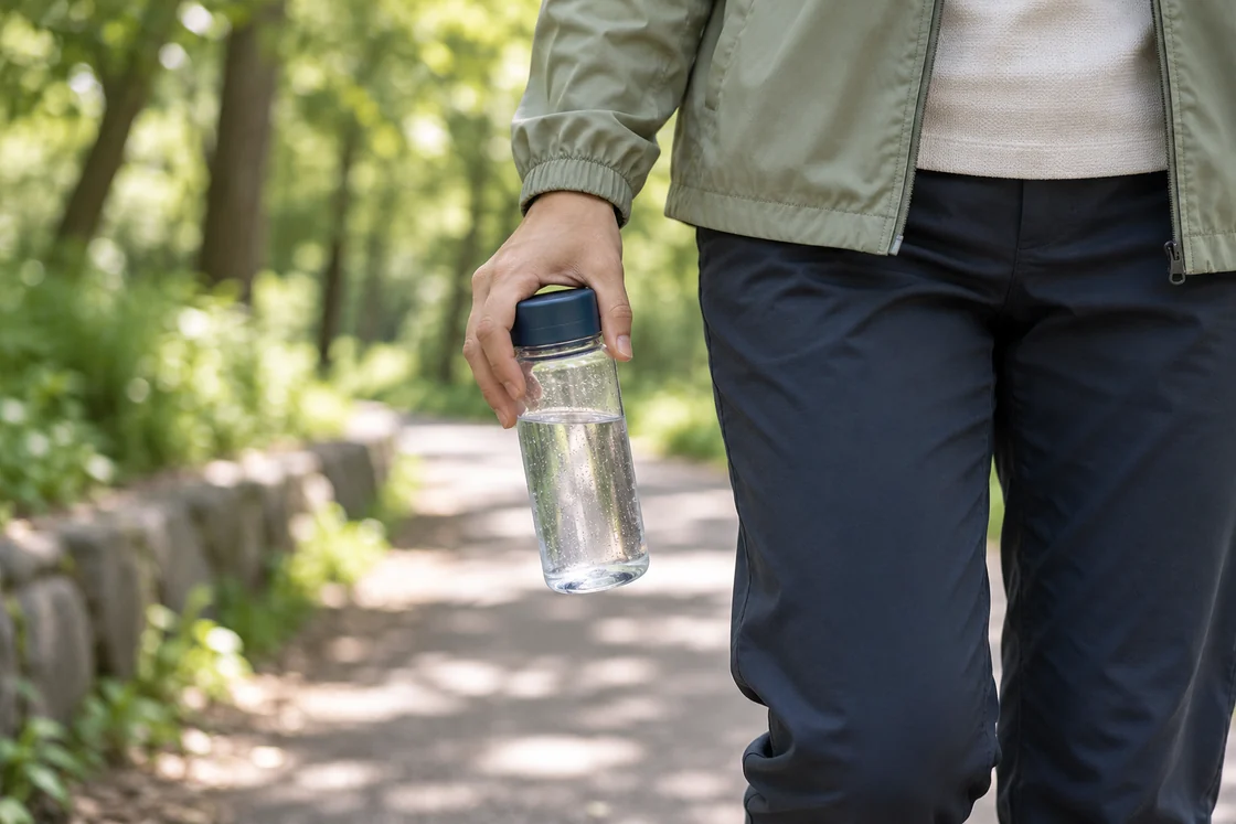 An adult carrying a clear water bottle along a shaded path.