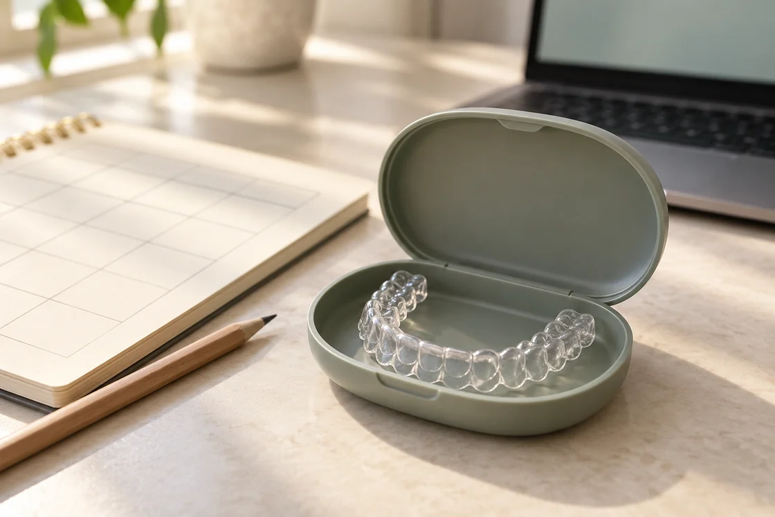 A clear aligner in an open case beside a blank calendar.