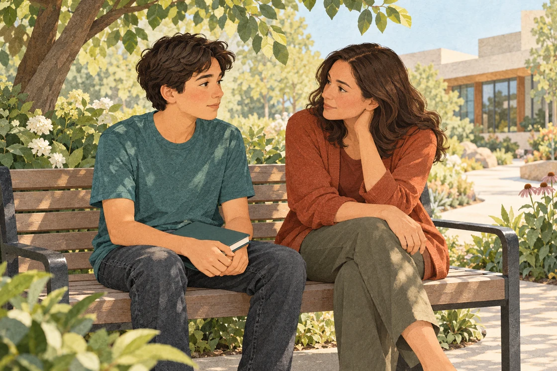Illustration of a young person and caregiver talking on a garden bench.