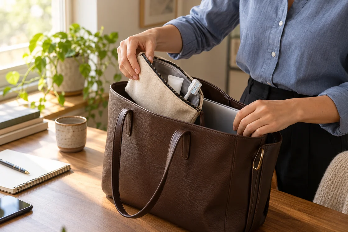 An adult packing a small oral-care pouch into a leather work bag.