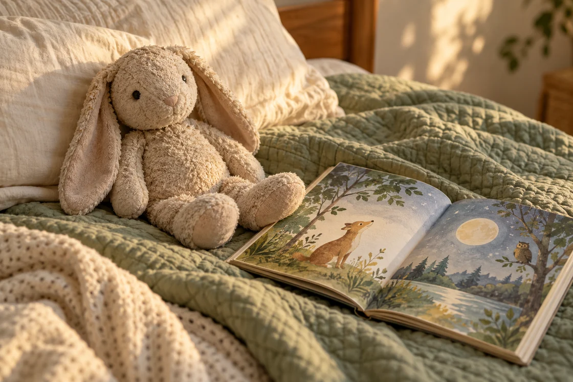A plush rabbit beside an open picture book on a quilt.