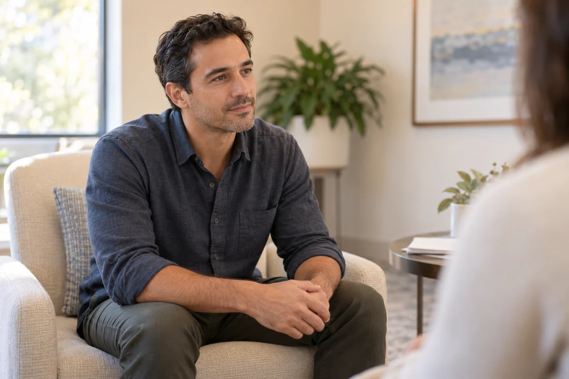 An adult listening during a seated conversation in a bright room.