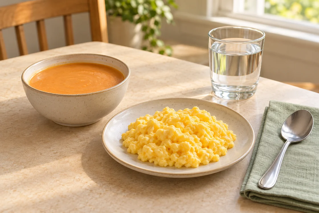 A soft-food lunch with soup, scrambled eggs, and a glass of water.