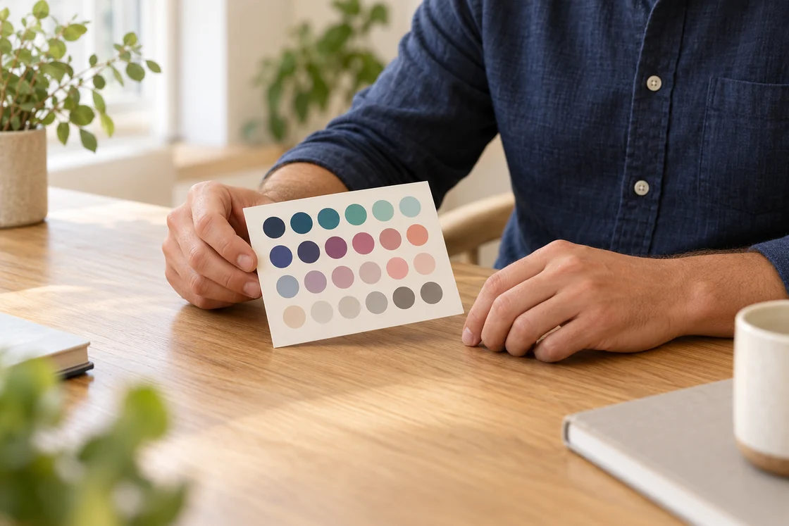 An adult holding a printed color-swatch card at a consultation desk.