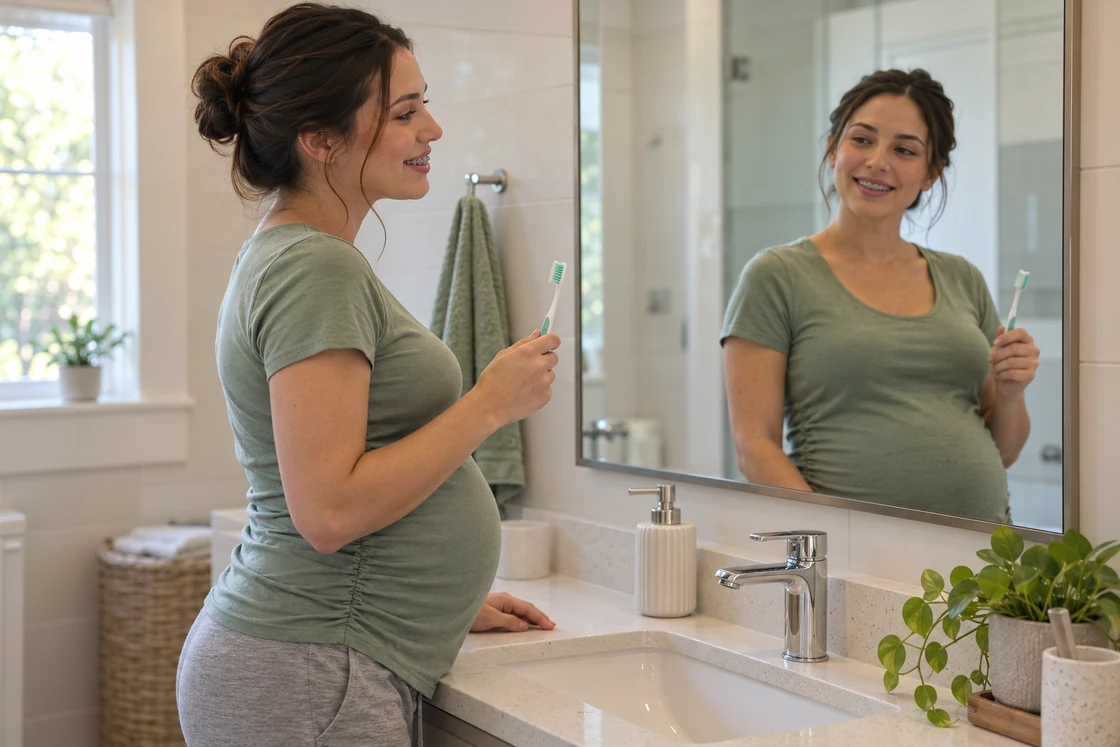 A pregnant adult with braces holding a toothbrush beside a bathroom mirror.