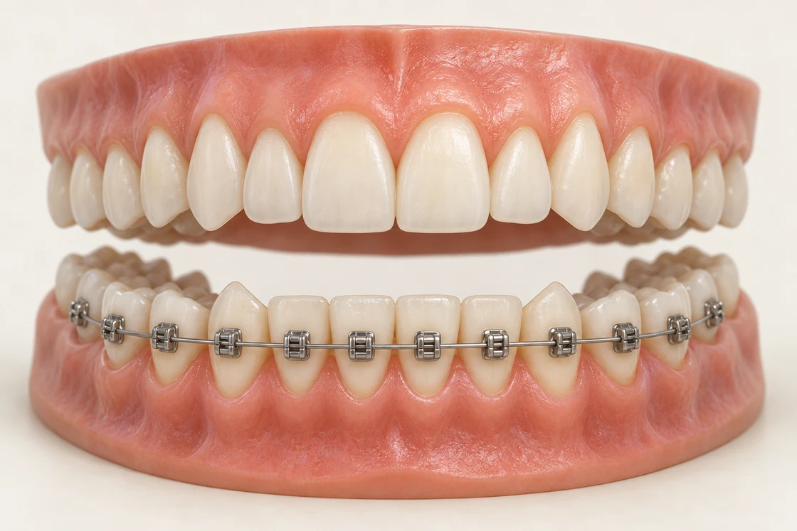 Illustration of upper and lower teeth with brackets and a wire on the lower row only.
