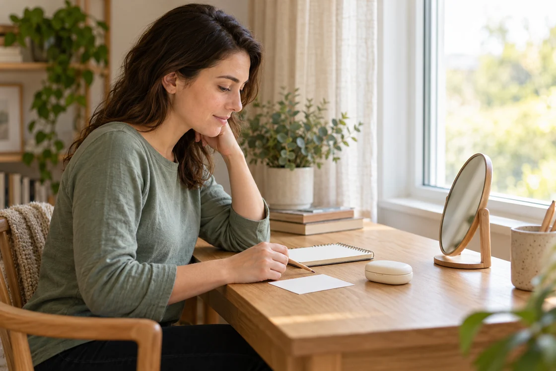 An adult at a desk with a closed case, blank card, notebook and tabletop mirror.