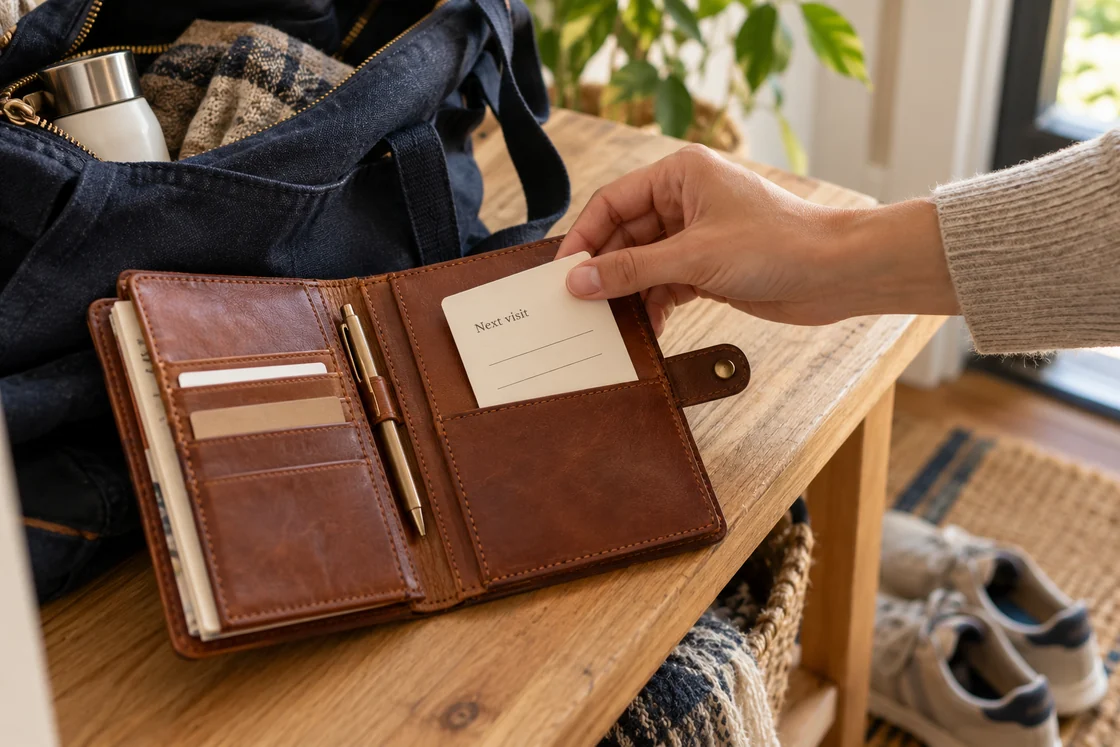 An adult hand placing an appointment card marked Next visit into a leather organizer.