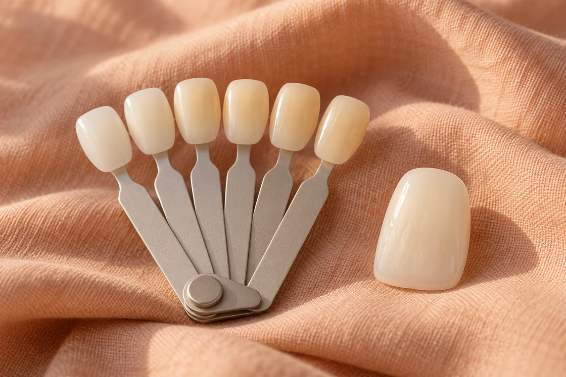 A tooth-shade guide and ceramic tooth sample on peach linen.