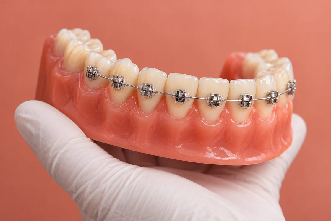 A gloved hand holding a dental model with a wire passing through braces brackets.