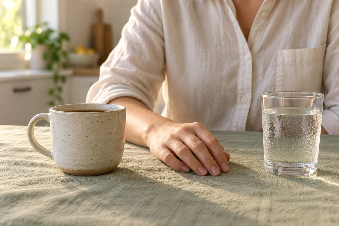 A hand rests beside a mug and a glass of water at a breakfast table.