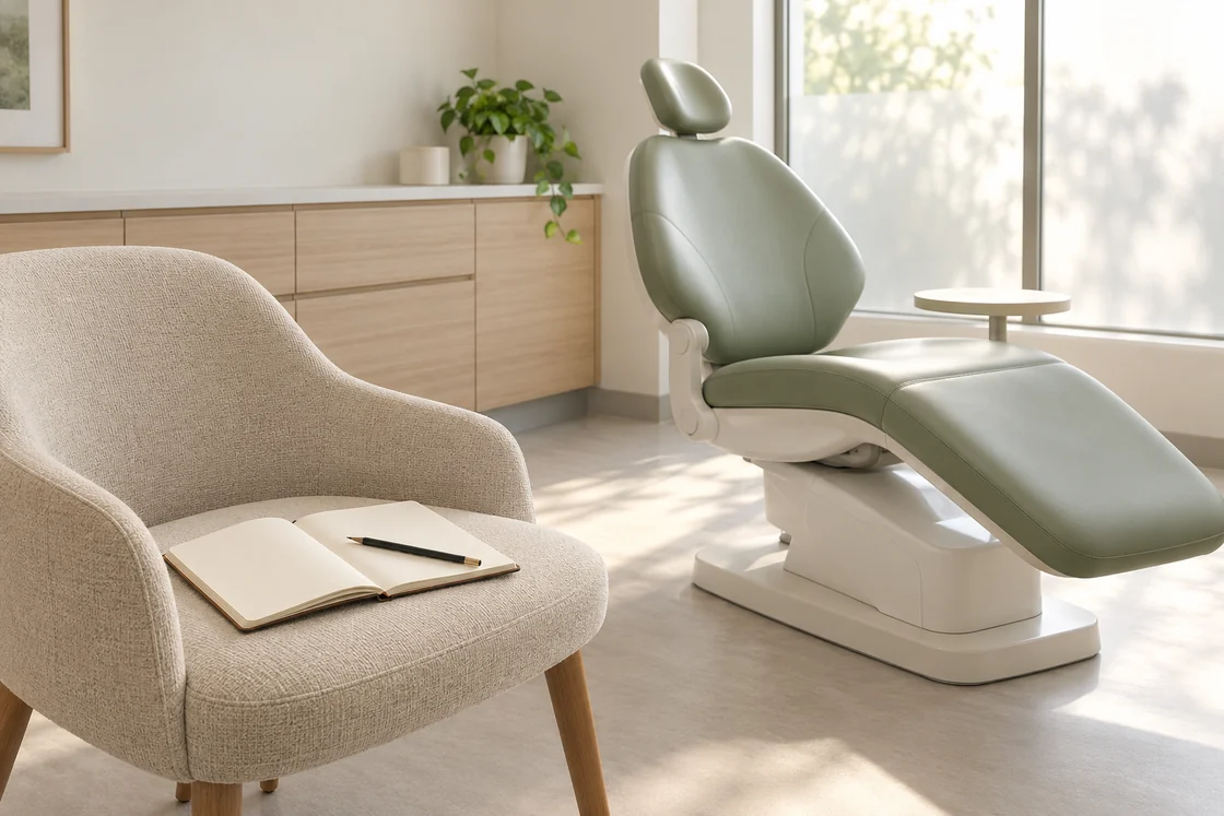 An open notebook and pencil on a visitor chair beside an empty dental chair.