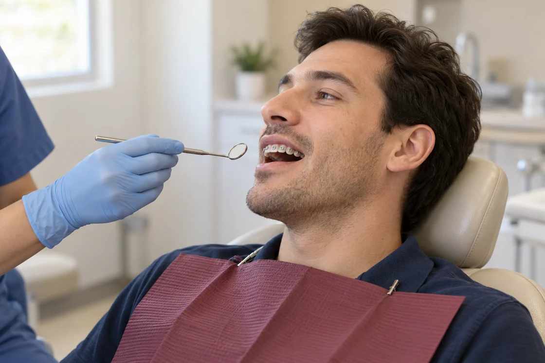 An adult wearing braces seated in a dental chair with a dental mirror held nearby.