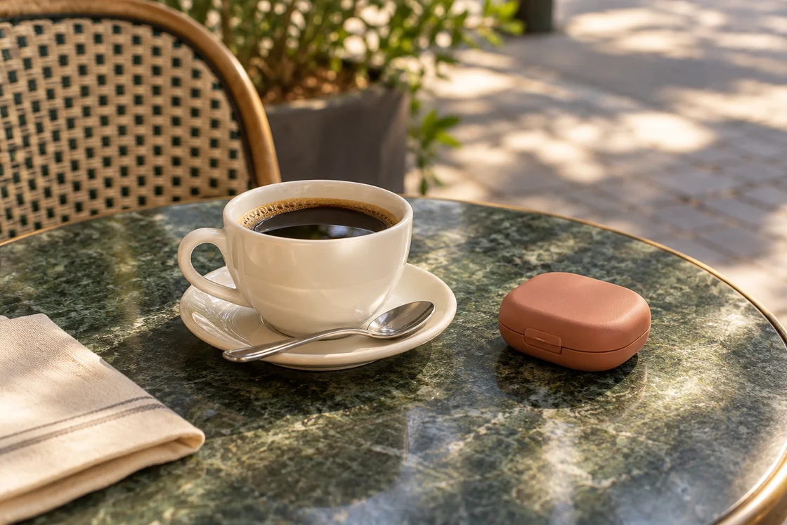 A cup of coffee beside a closed aligner case on an outdoor café table.
