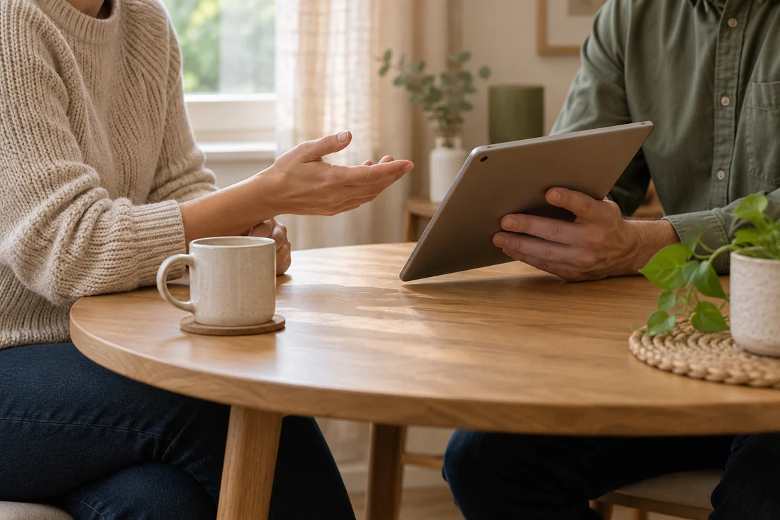 Two adults discussing information on a tablet, with the screen turned away.