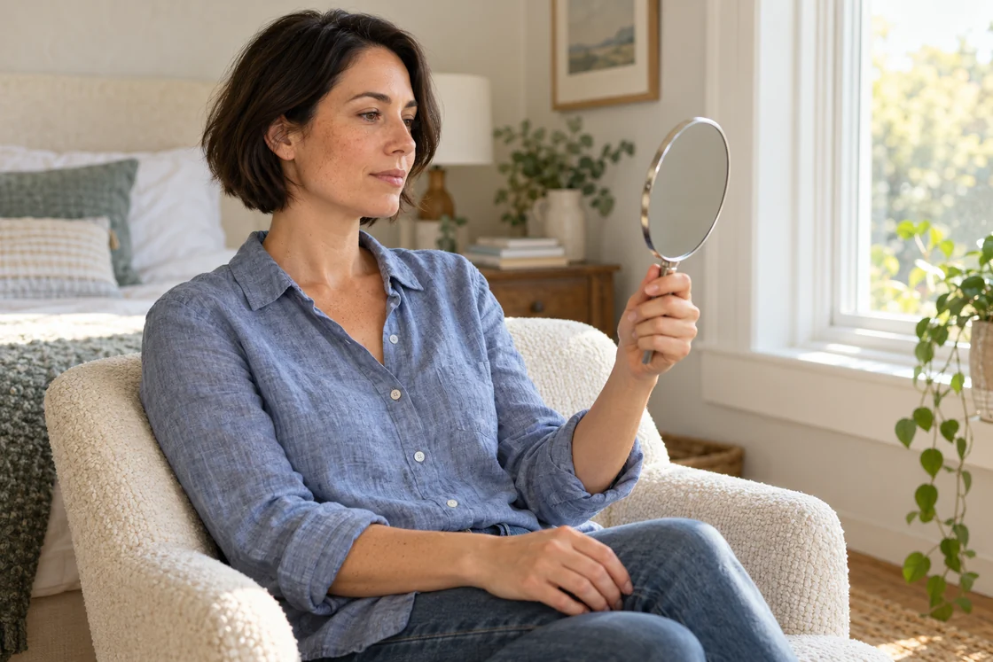 An adult holding a small hand mirror while seated near a window.