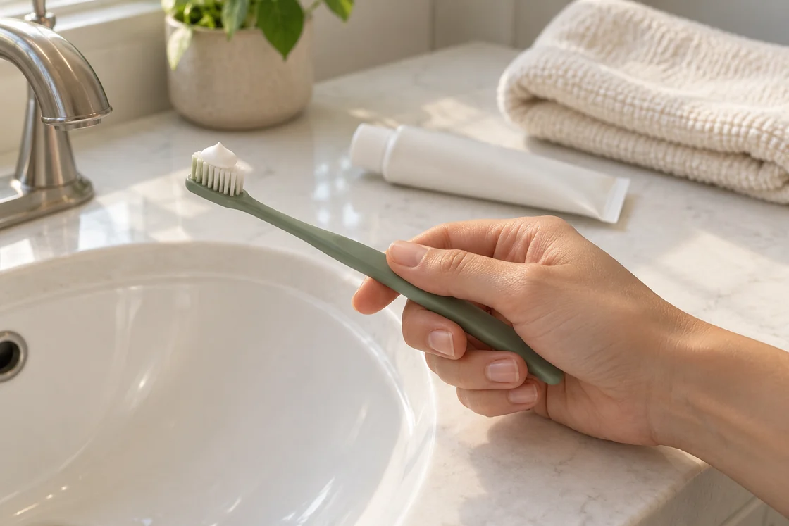 An adult hand holding a toothbrush with toothpaste above a bathroom sink.