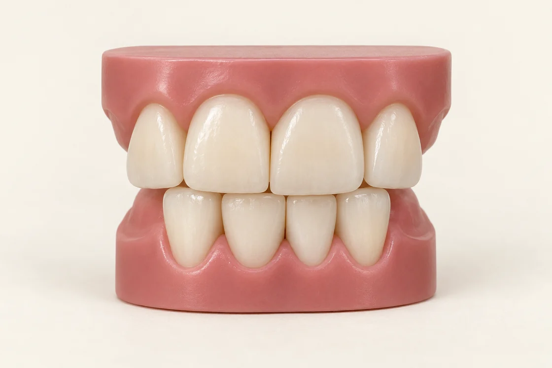 A dental teaching model with subtly offset upper and lower front-tooth centers.