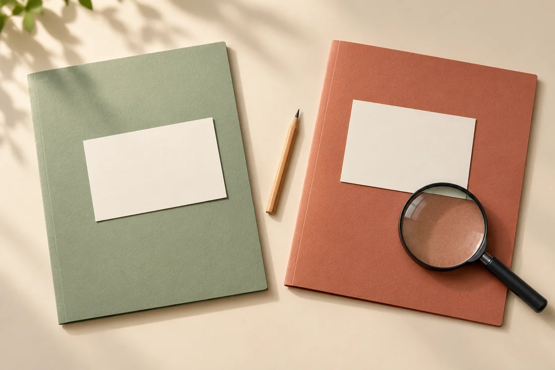 Two plain folders, blank note cards, a pencil, and a magnifying glass on a desk.