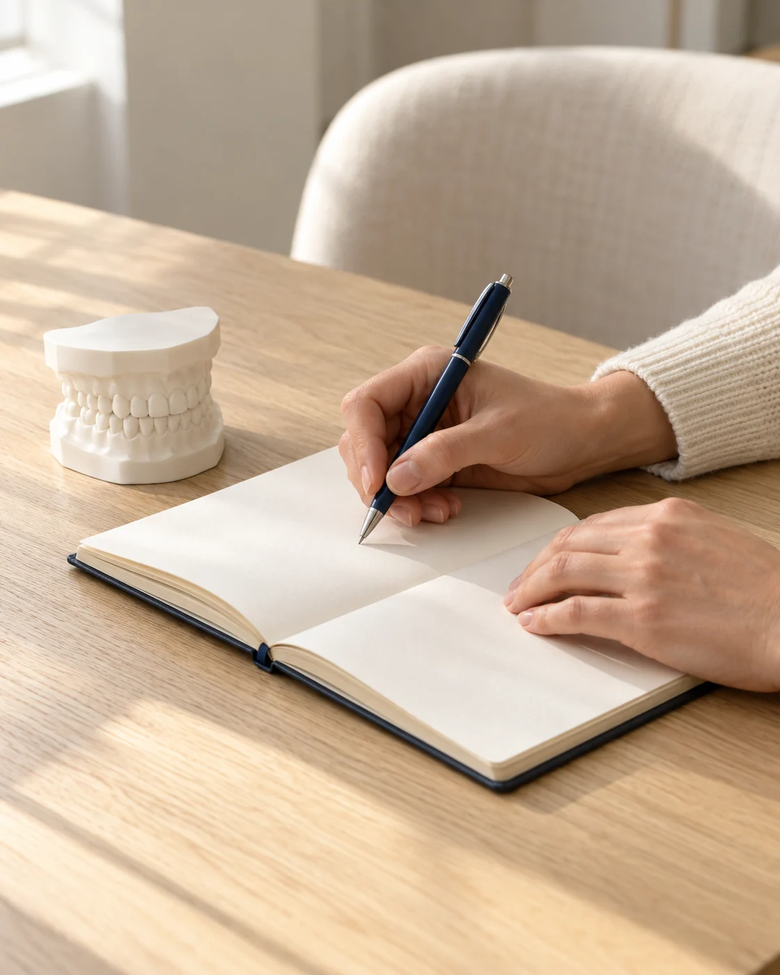 Hands holding a pen over an open notebook beside a dental study model.