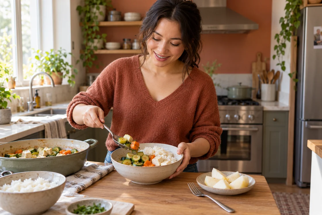 An adult preparing a bowl of rice, tofu and cooked vegetables at a kitchen counter.