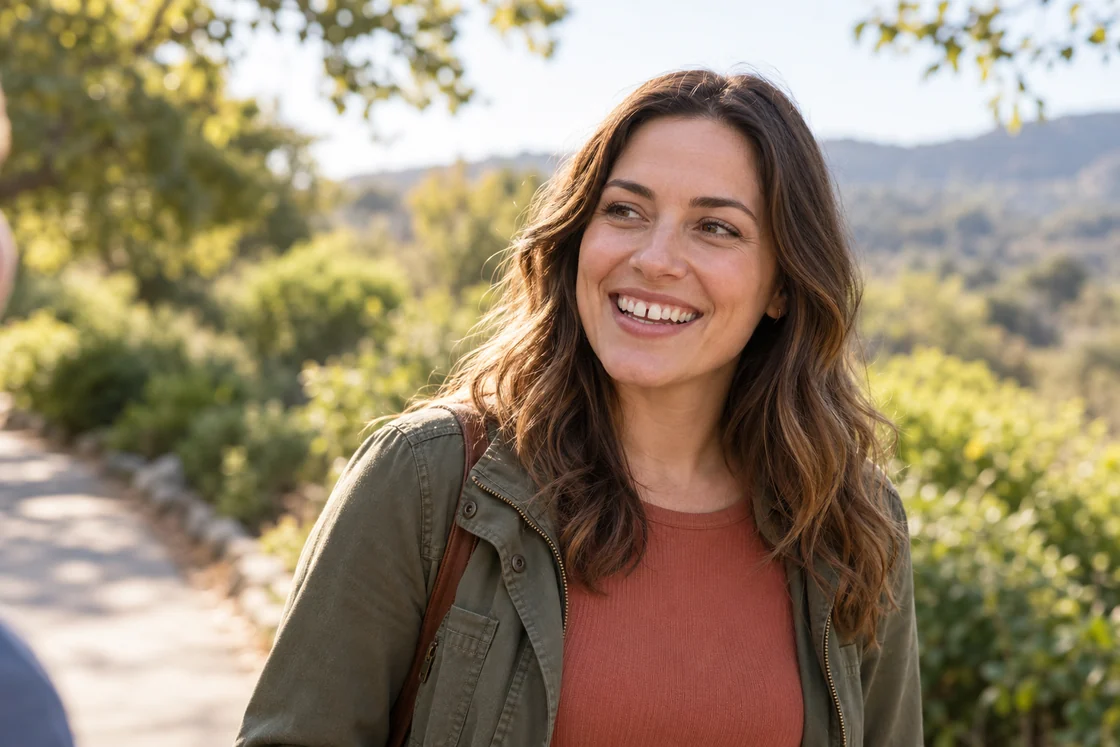 An adult with a natural gap between the front teeth smiling during an outdoor conversation.
