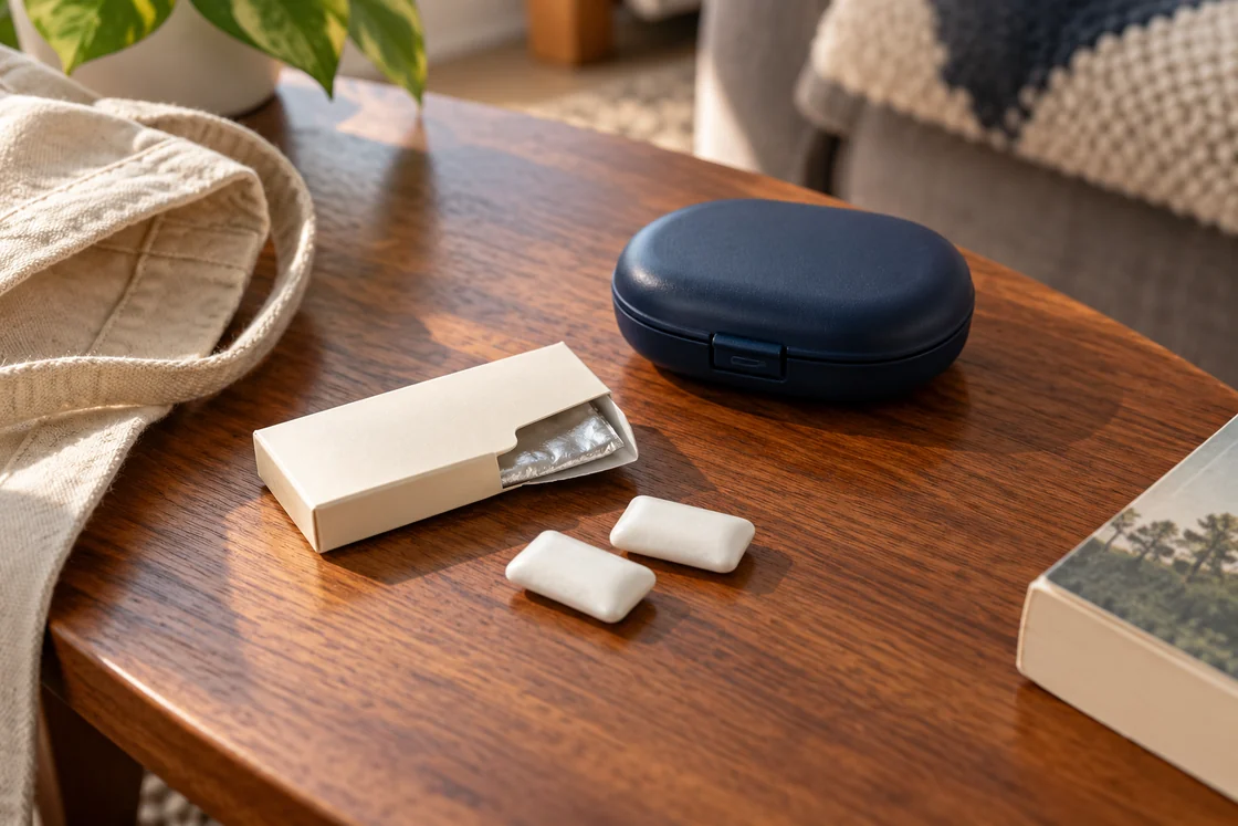 Two pieces of chewing gum beside a plain packet and a closed appliance case.