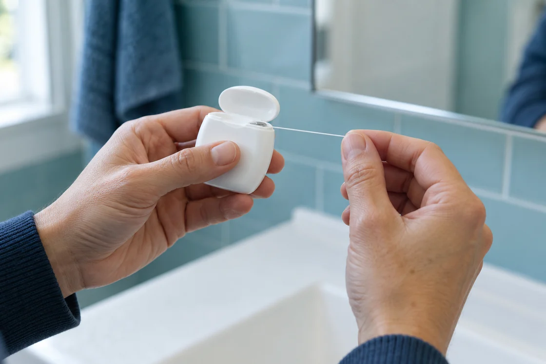 Hands drawing a short length of dental floss from a plain dispenser.