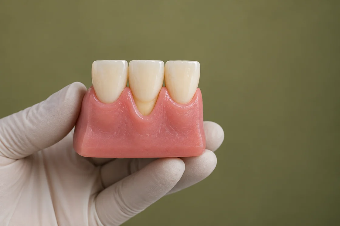 Dental teaching model with a lower gum margin exposing part of the central tooth’s root.